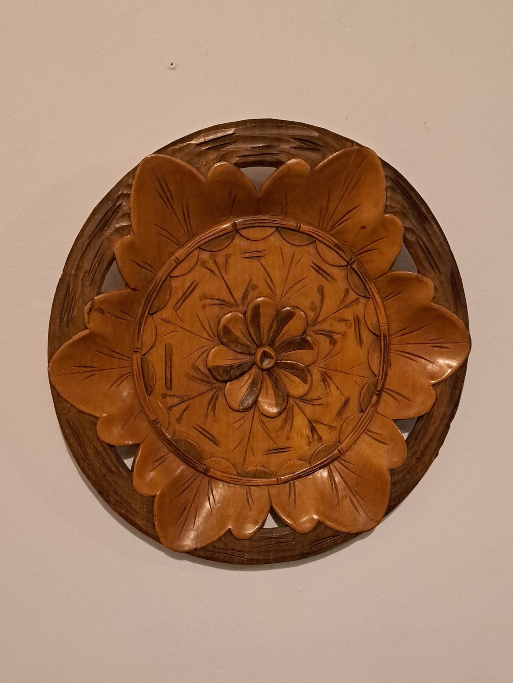 Hand-Carved Floral Wooden Wall Decor - Brown